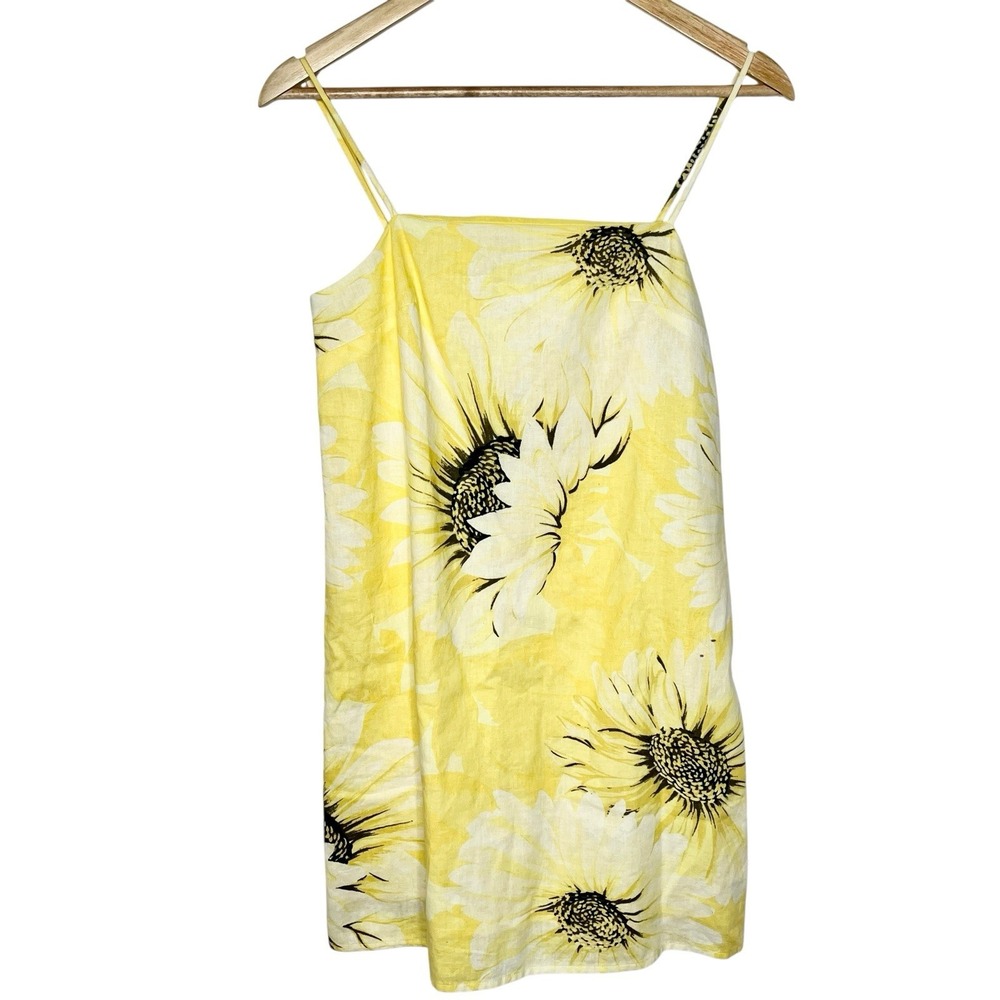Y2K Sunflower Print Linen Mini Dress Yellow Womens XS Cami Sundress Floral H&M